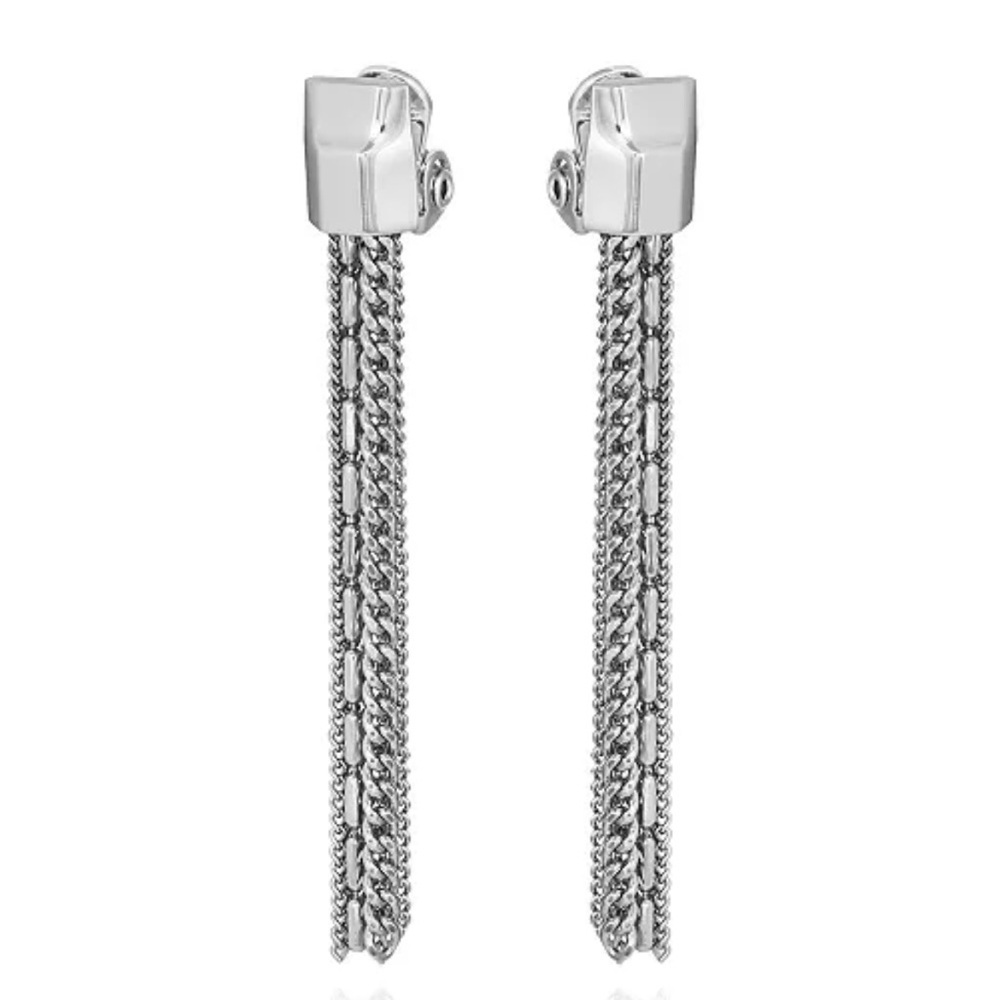 🆕 Vince Camuto Silver-Tone Mixed Chain Tassel Clip-On Drop Earrings Brand New